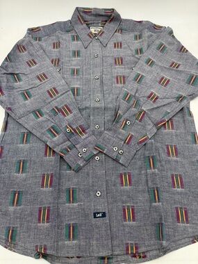 Vintage Lee Men’s Gray Button-Down Shirt with Multicolor Stripe Blocks